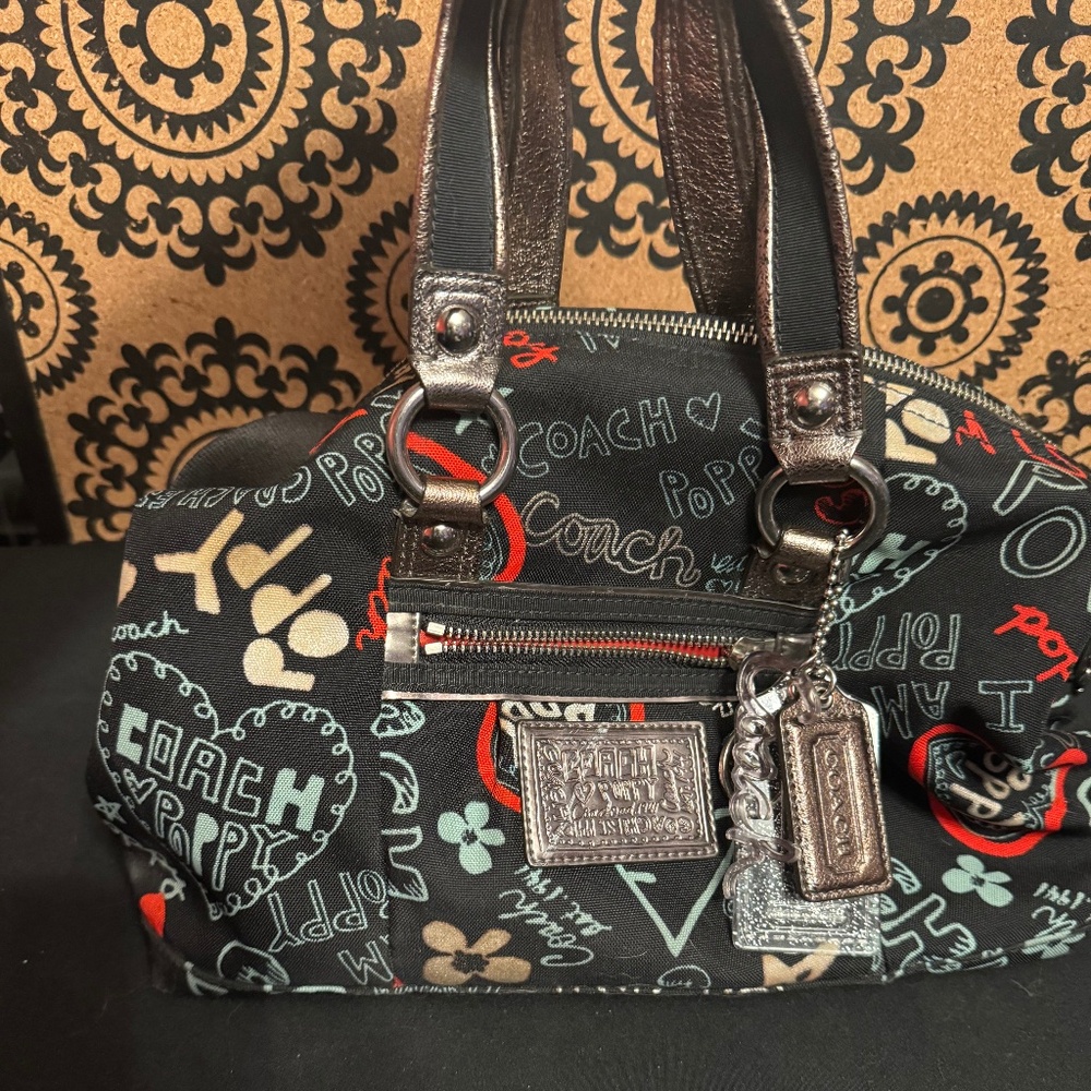 Pre- Owned Coach Poppy Glam Grafitti Tote and Wallet Red Black